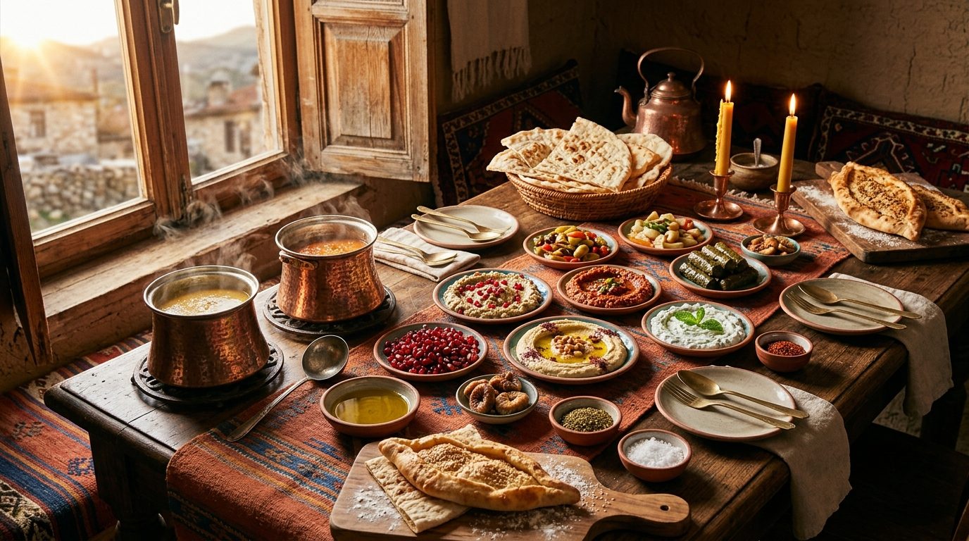 A richly set Anatolian table with meze, bread, and copper pots